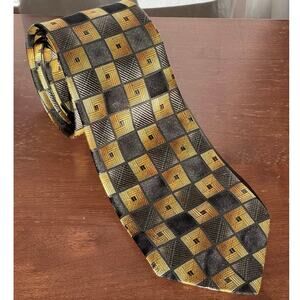 Vintage Dona Silk Geometric Tie Brown Gold Black Abstract Woven Necktie